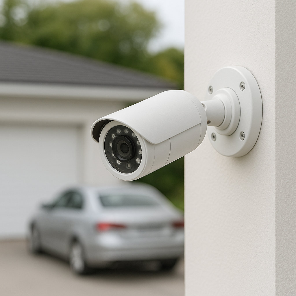 CCTV kamera na zdi a v pozadí auto před garáží