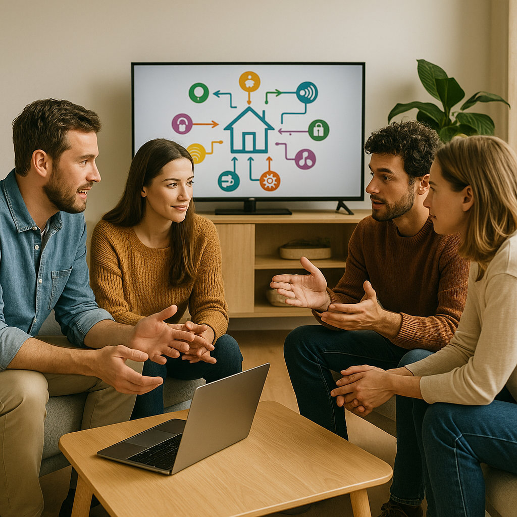 Tři lidé sedící u stolu nad NB. V pozadí TV s obrazem automatizace